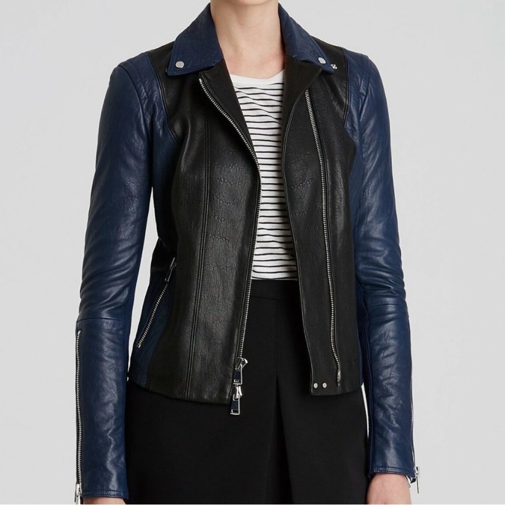 Vince Black and Blue Leather Moto Jacket with Asymmetrical Zipper
